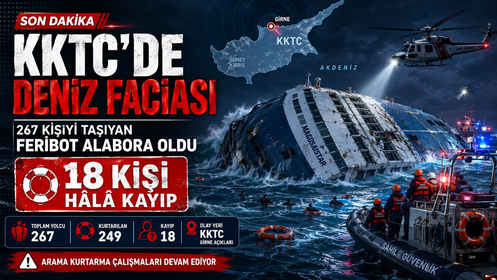 KKTC’de Deniz Faciası 267 Kişiyi Taşıyan Feribot Alabora Oldu, 18 Kişi Hâlâ Kayıp